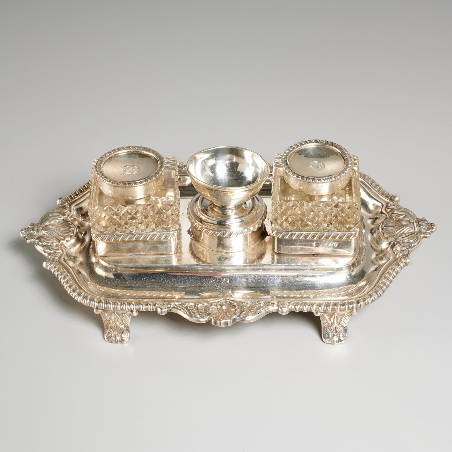 Appraisal: GEORGE IV STERLING SILVER INKSTAND c Sheffield England the shaped