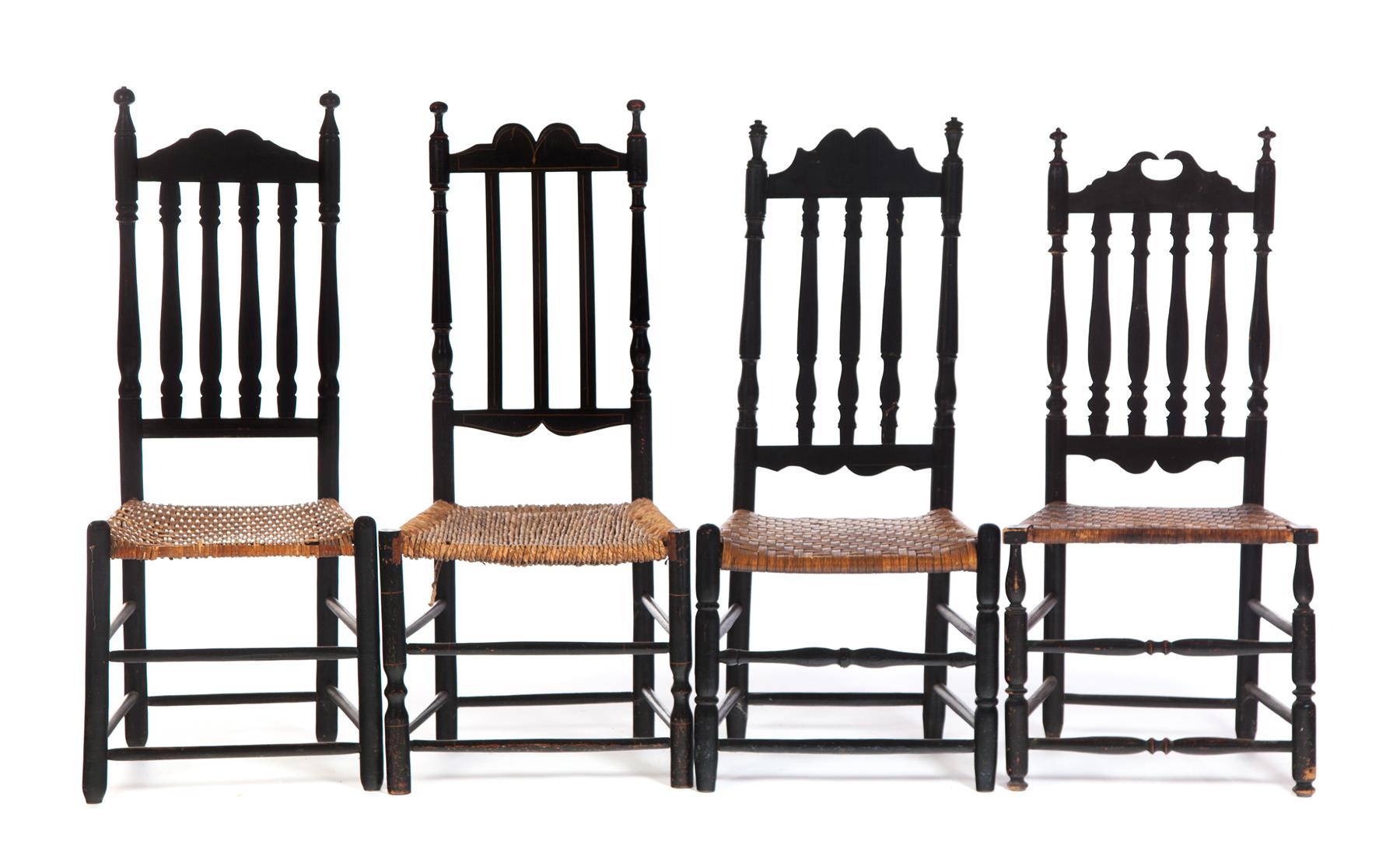 Appraisal: FOUR AMERICAN BANISTER BACK SIDE CHAIRS Eighteenth century mixed woods