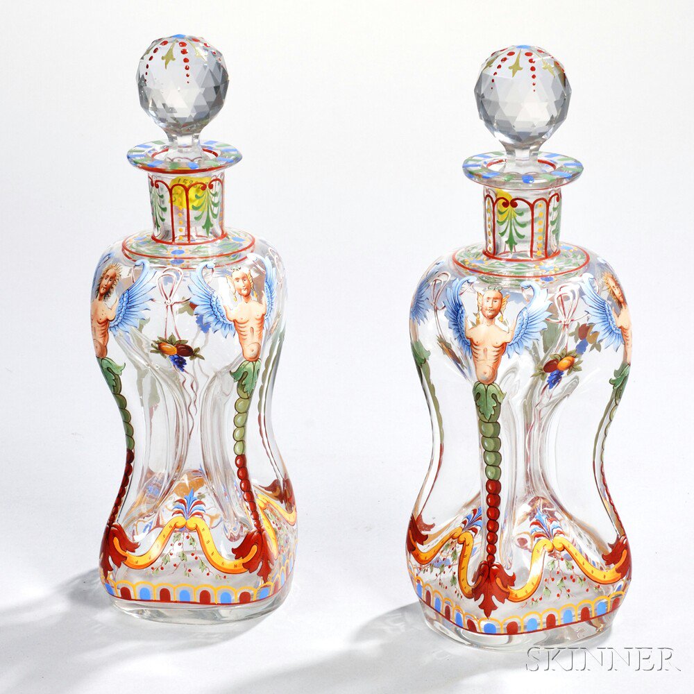 Appraisal: Pair of Bohemian Hand-painted Glass Decanters late th early th