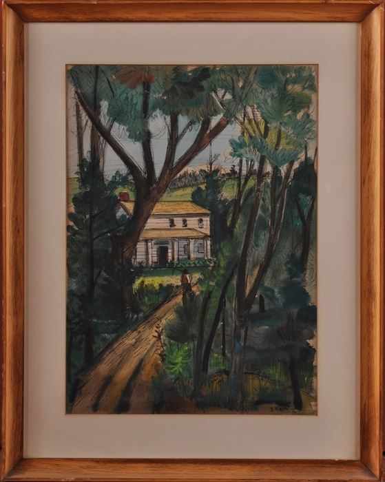 Appraisal: MID- TH C SCHOOL WHITE HOUSE IN LANDSCAPE Watercolor and