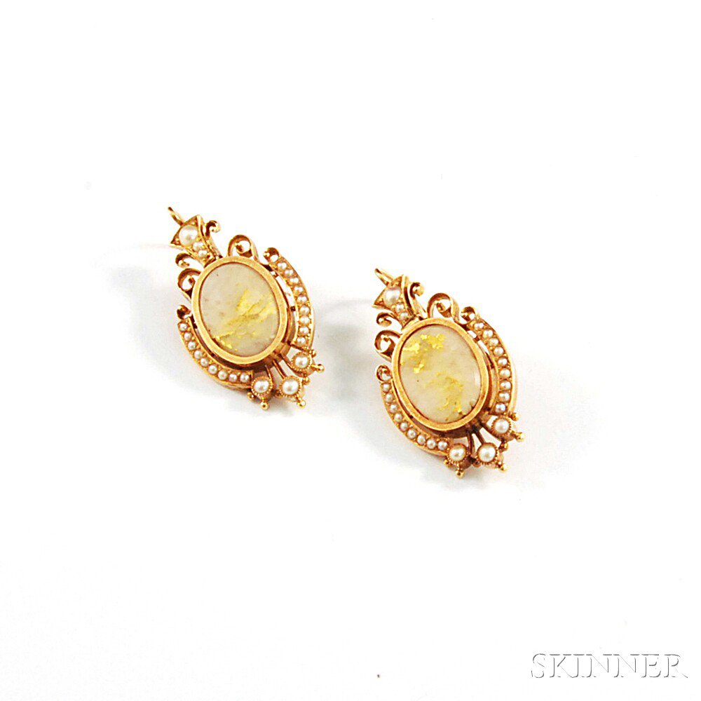 Appraisal: Pair of Antique-style kt Gold Goldstone and Seed Pearl Earrings