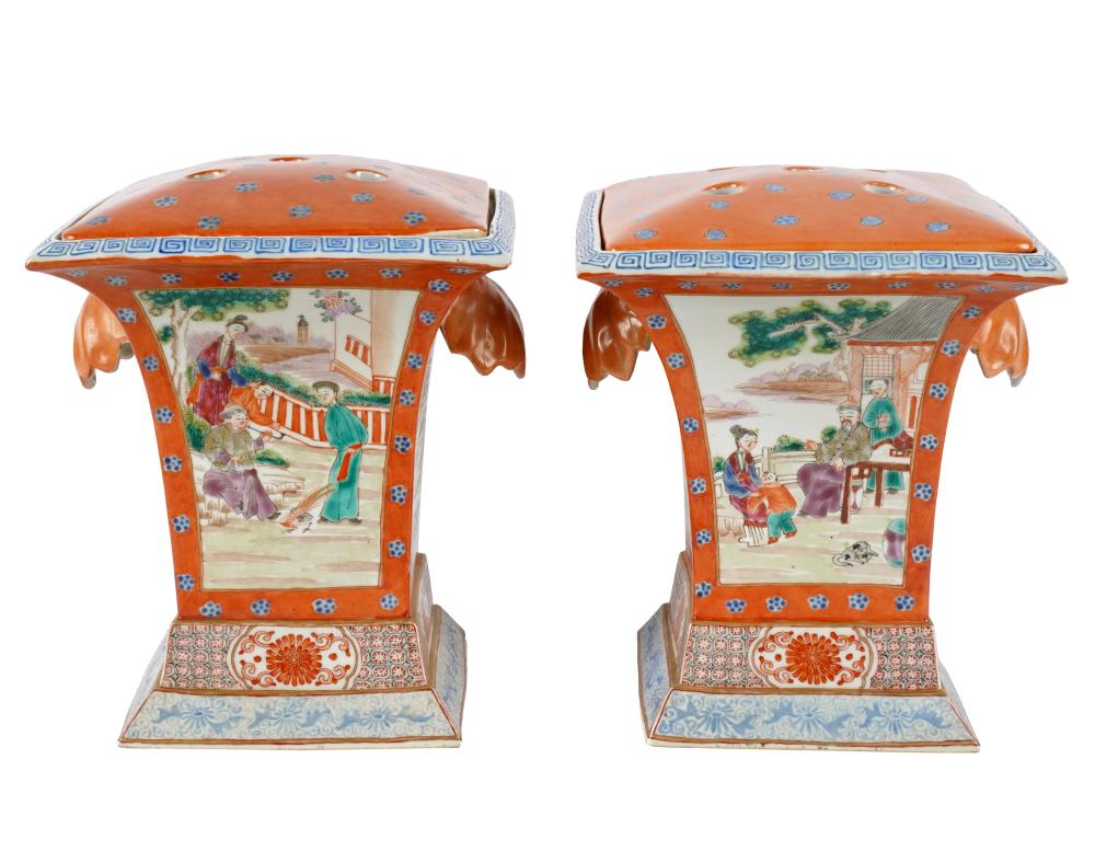 Appraisal: PAIR OF CHINESE MANDARIN SQUARE PORCELAIN VASESunsigned with lids flanked