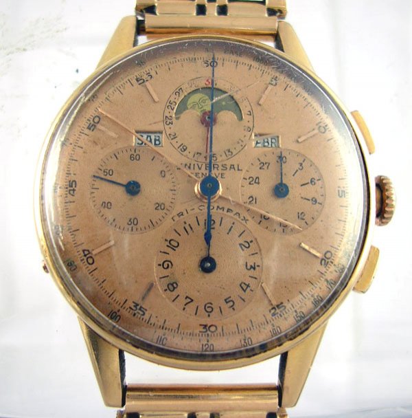 Appraisal: Universal K gold Tri-Compax moonphase chronograph wristwatch dial marked Universal