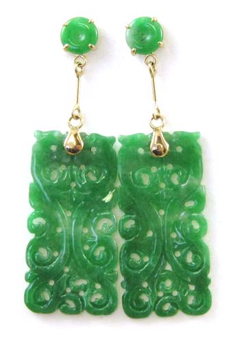 Appraisal: PAIR OF JADE PENDANT EARRINGS each k yellow gold with