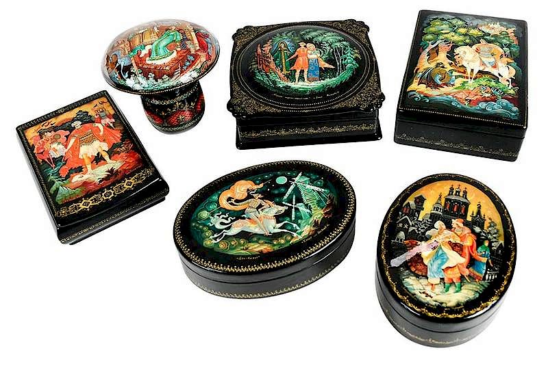 Appraisal: Six Russian Lacquer Kholuy Fairy Tale Boxes th century Kholuy