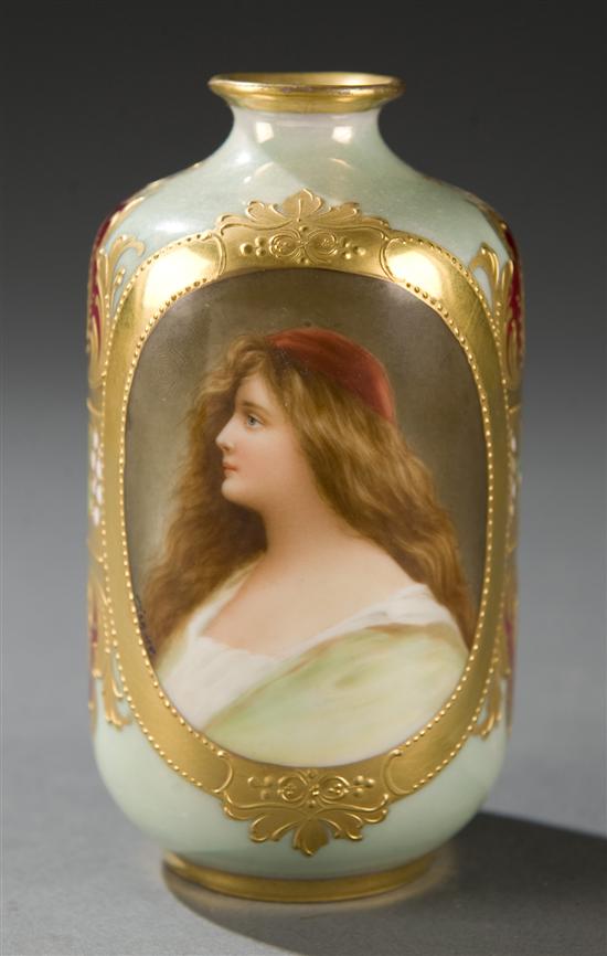 Appraisal: Royal Vienna small portrait vase titled Miranda th century Gilding