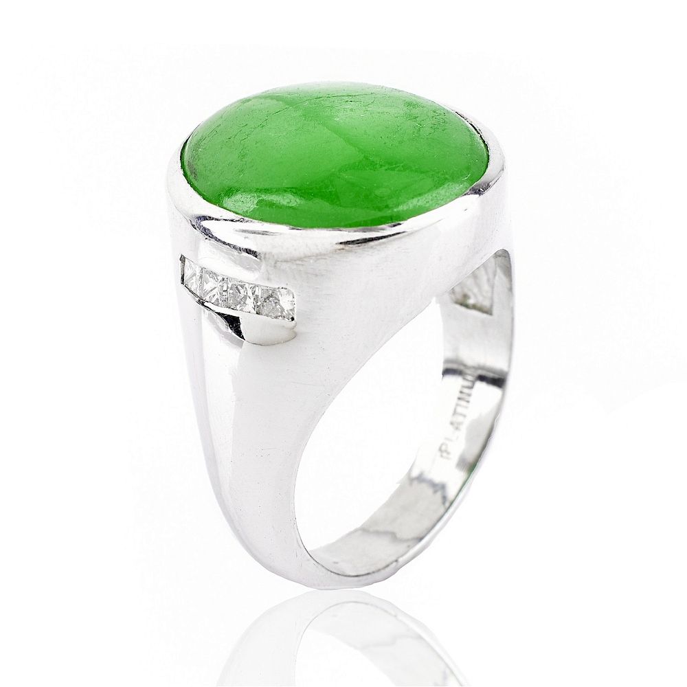 Appraisal: Man's Jade Diamond and Platinum Ring Man's Vintage Cabochon Jade