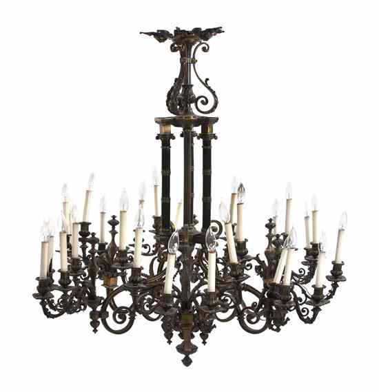 Appraisal: A Neoclassical Gilt and Patinated Metal Thirty-Light Chandelier having a