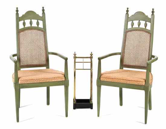 Appraisal: A Pair of Green Painted and Caned Open Armchairs having