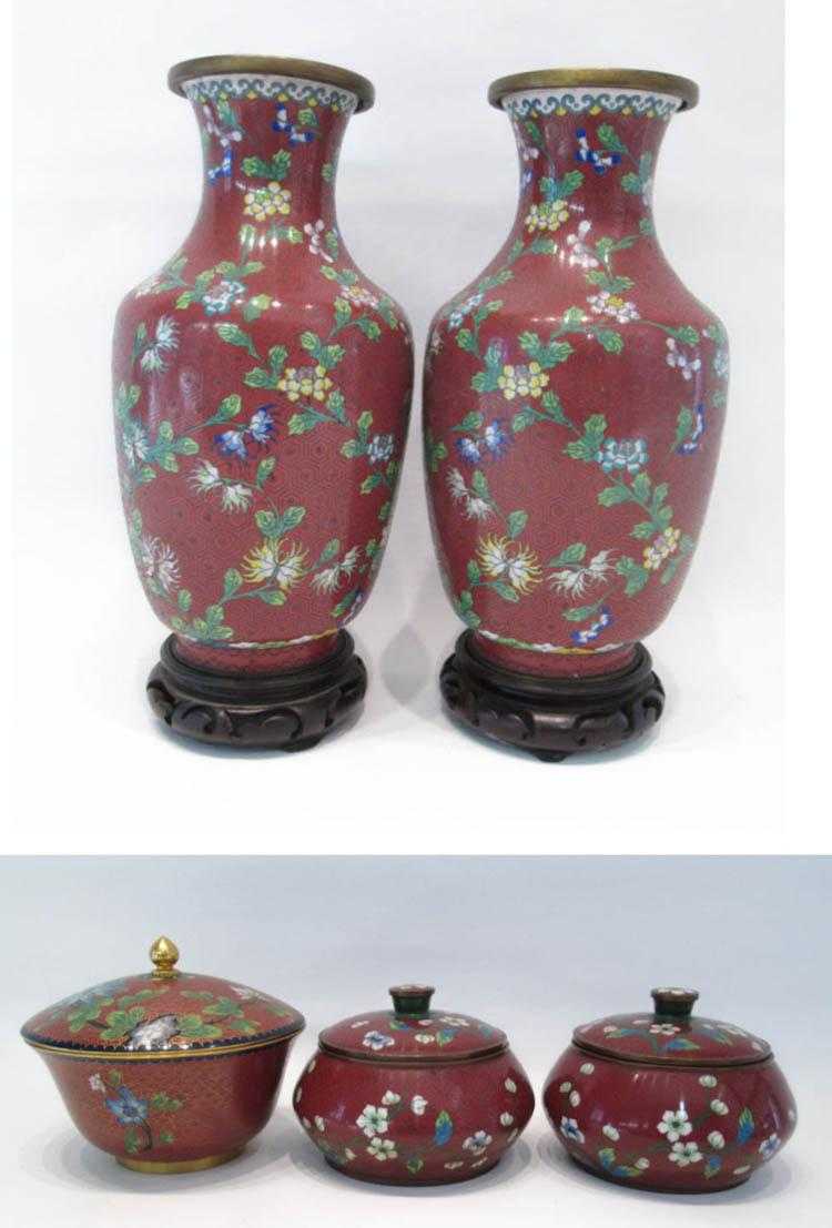 Appraisal: FIVE CHINESE RED CLOISONNE VESSELS including a pair of vases