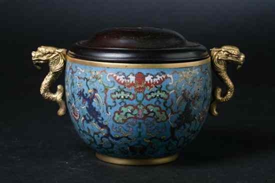 Appraisal: CHINESE CLOISONN ENAMEL CENSER AND ROSEWOOD COVER Qianlong four character