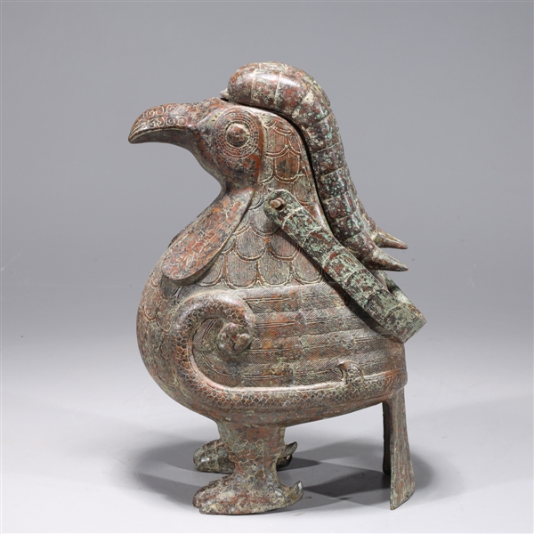 Appraisal: Chinese archaistic bird form bronze vessel with allover molded and