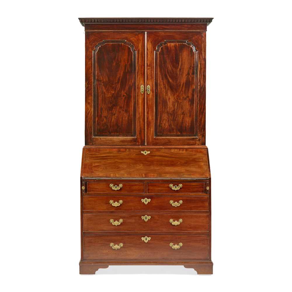 Appraisal: GEORGE II MAHOGANY BUREAU BOOKCASE MID TH CENTURY the dentil