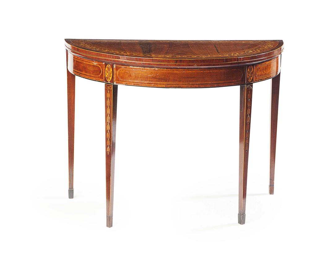 Appraisal: GEORGE III MAHOGANY AND INLAID DEMI-LUNE CARD TABLE MANNER OF