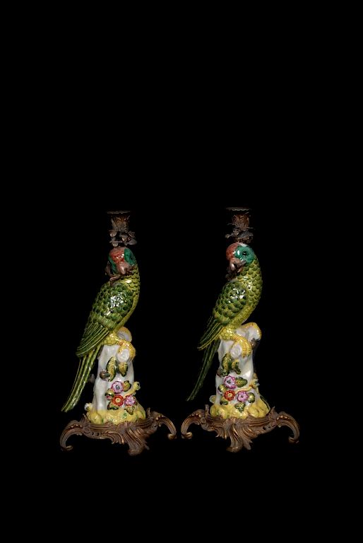 Appraisal: Pr Bronze And Porcelain Parrot Candlesticks Pr Bronze And Porcelain