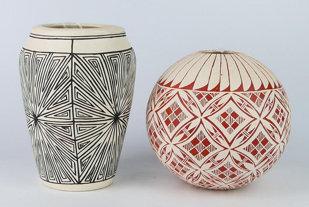 Appraisal: PIECES OF ACOMA PUEBLO POTTERY First is a spherical white