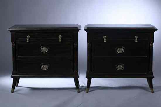 Appraisal: PAIR FRENCH STYLE MAHOGANY COMMODES by Maitland-Smith Raised faux tortoiseshell