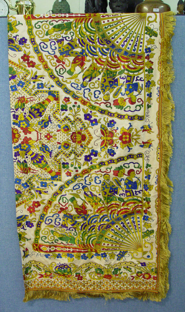 Appraisal: Oriental silk throw decorated with fan design panels of figures