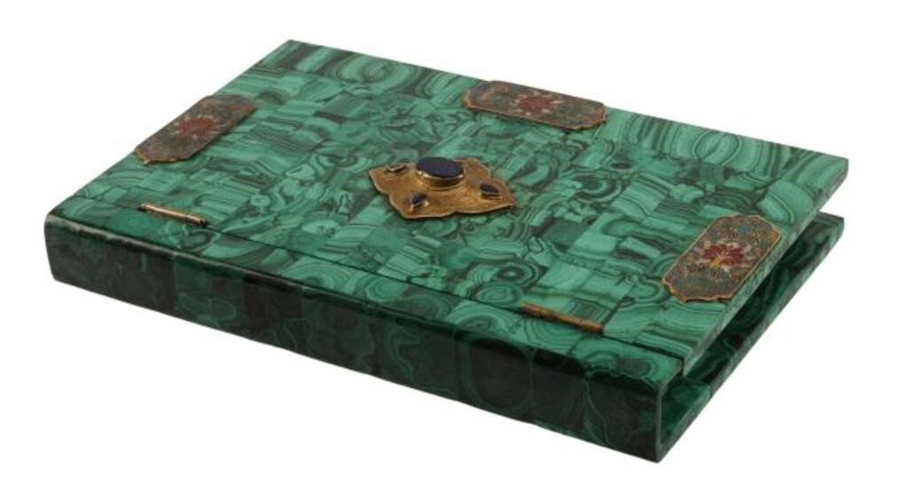 Appraisal: Malachite tiled book shaped box mounted with cloisonne enamel plaques