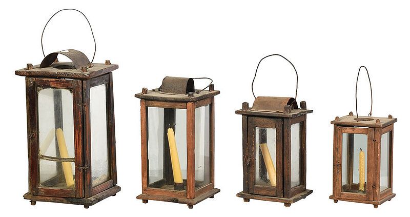 Appraisal: Set of Four Graduated Wood and Glass Lanterns American th