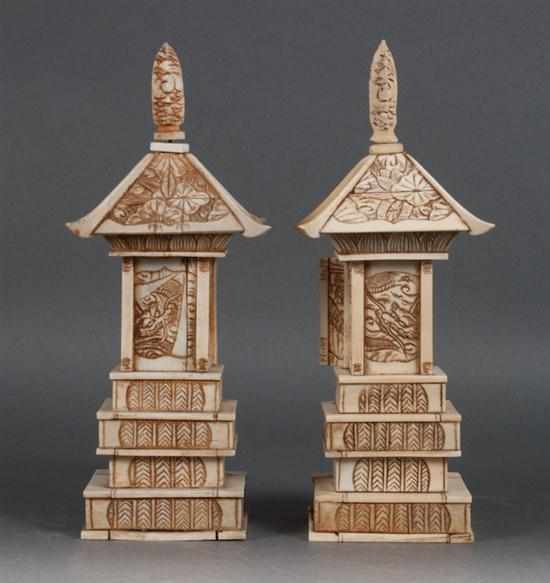 Appraisal: Pair of Japanese carved and etched bone miniature Buddhist's shrines