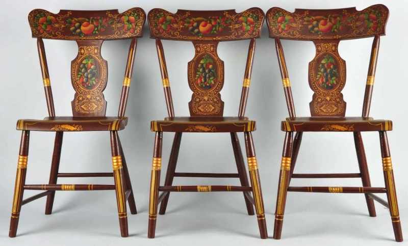 Appraisal: Lot of Wooden Plank Chairs Description Circa Handpainted and stenciling