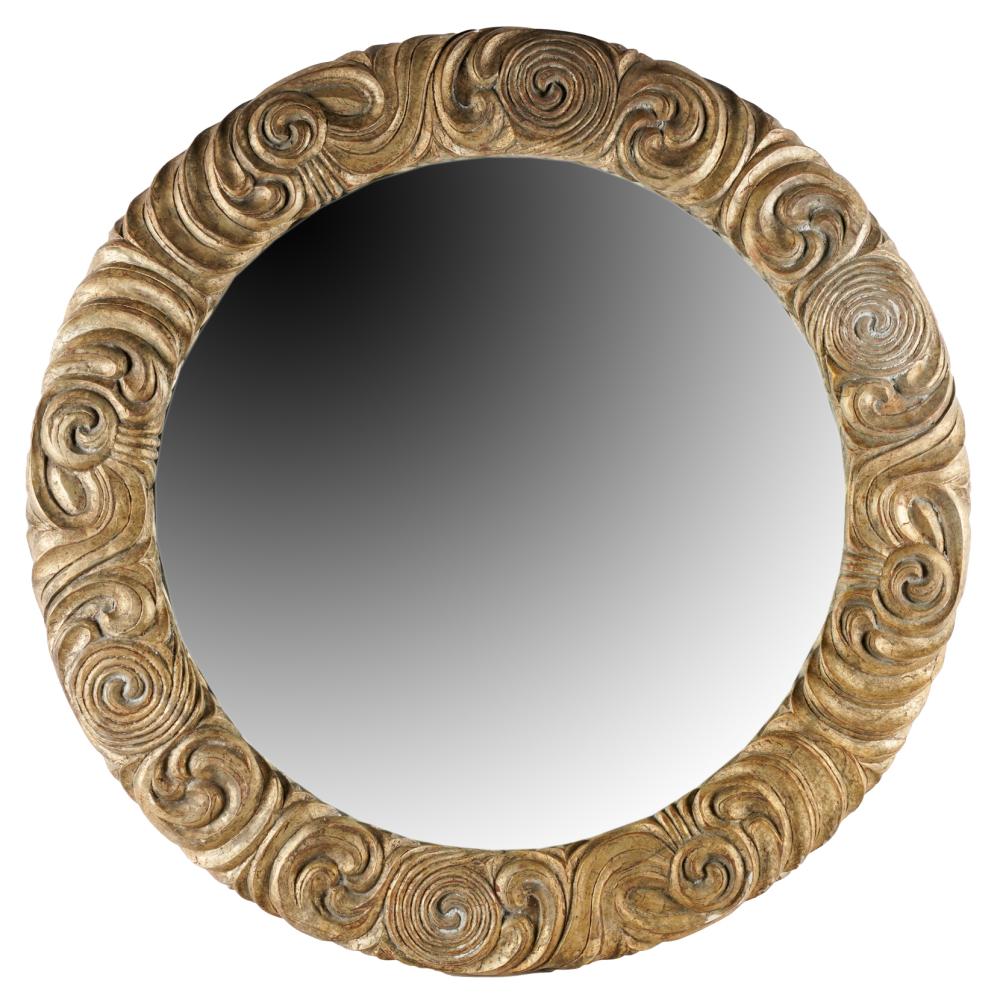 Appraisal: CARVED GILT CIRCULAR WALL MIRRORcontemporary with beveled mirror plate Condition