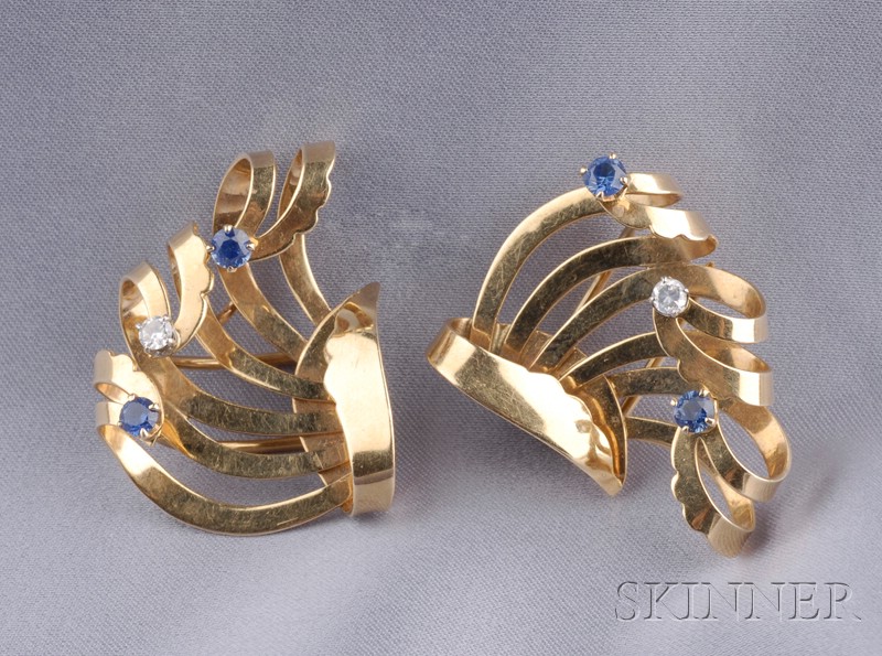 Appraisal: Pair of Retro kt Gold Diamond and Sapphire Clip Brooches