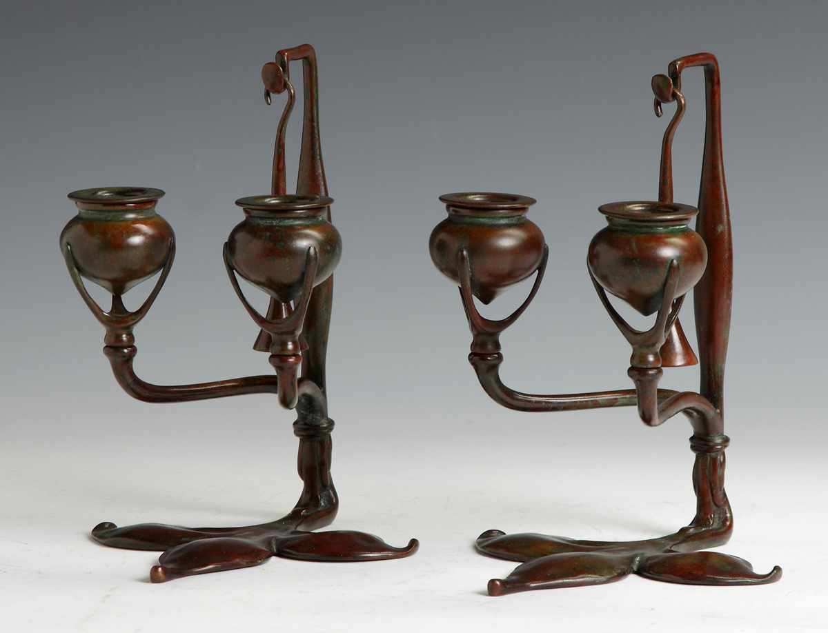 Appraisal: Fine Pair of Bronze Signed Tiffany Studios Two-light Candlesticks NY