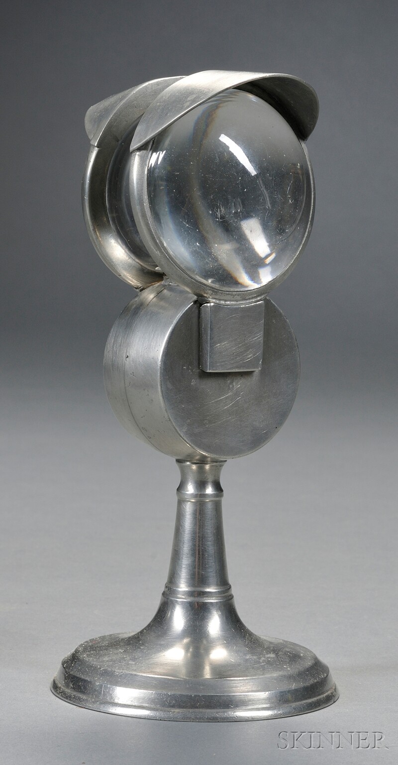 Appraisal: Pewter Whale Oil Work Lamp with Two Magnifying Lenses America