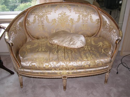 Appraisal: Title Louis XVI-style Settee carved and polychromed frame damask upholstery