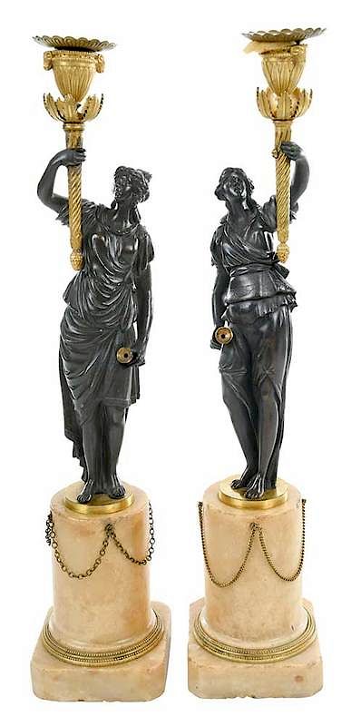 Appraisal: Pair Louis XVI Patinated Bronze Candelabra French late th or