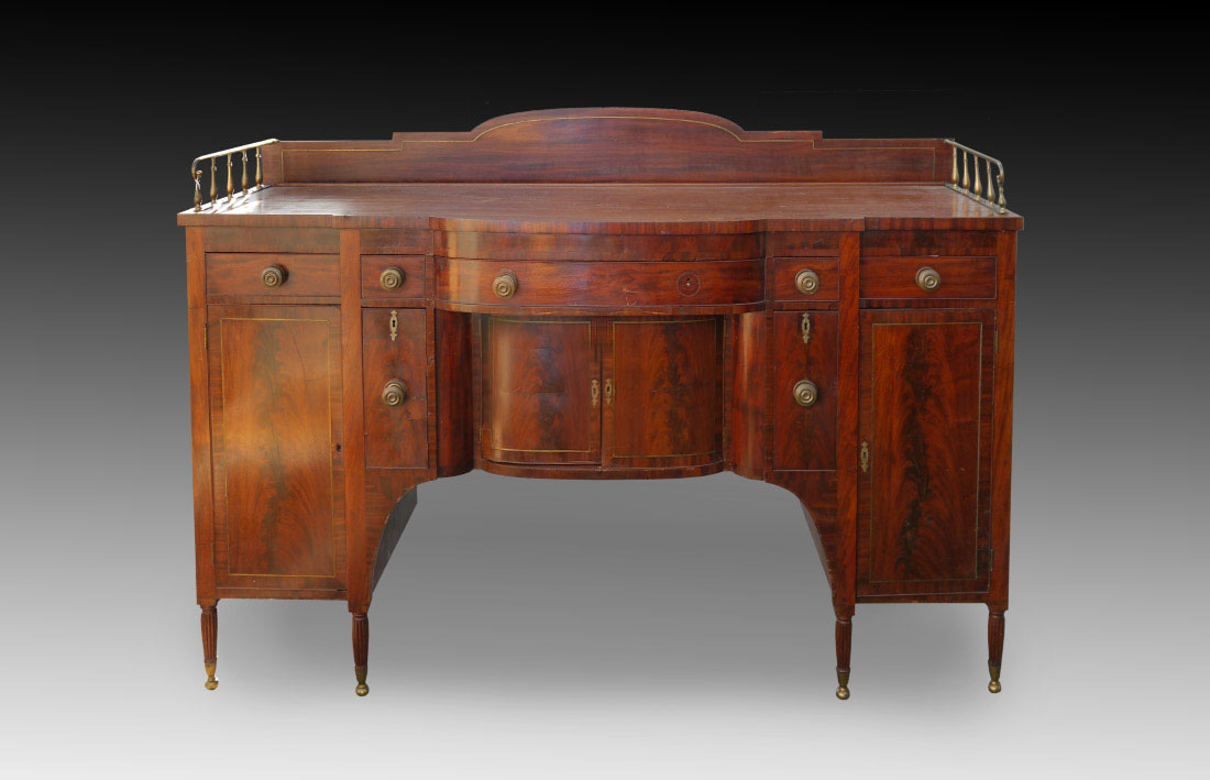 Appraisal: TH CENTURY MAHOGANY SIDEBOARD Shaped backsplash with string inlay is