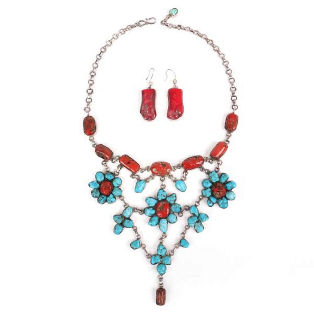 Appraisal: VINTAGE SOUTHWESTERN HANDMADE TURQUOISE AND RAW CORAL NUGGET FLORAL BIB