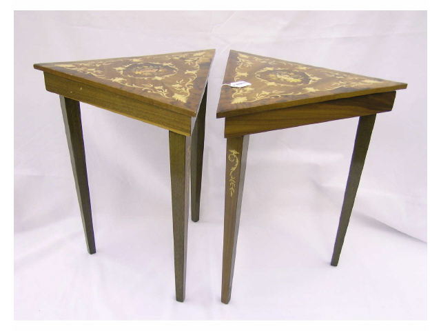 Appraisal: Pair of mahogany music box tables triangular top with floral