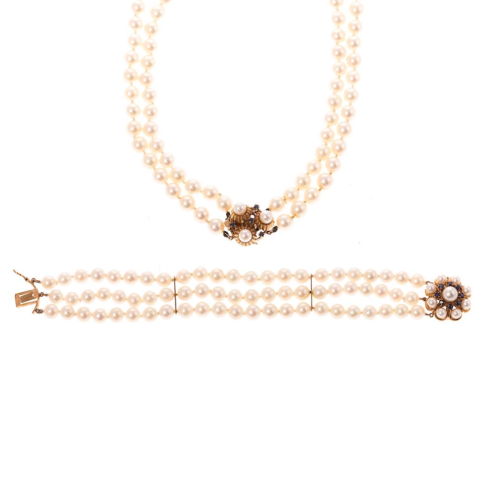 Appraisal: A Pearl Necklace Bracelet with Sapphire Clasps double strand of