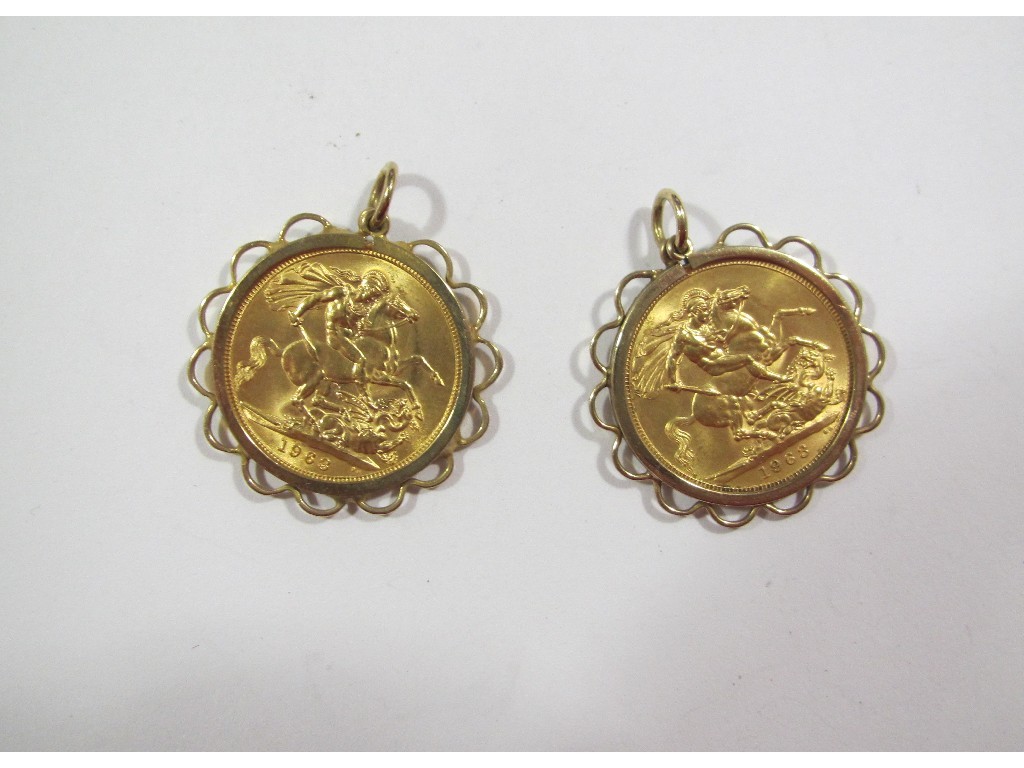 Appraisal: Two Queen Elizabeth II sovereigns both in ct gold pendant