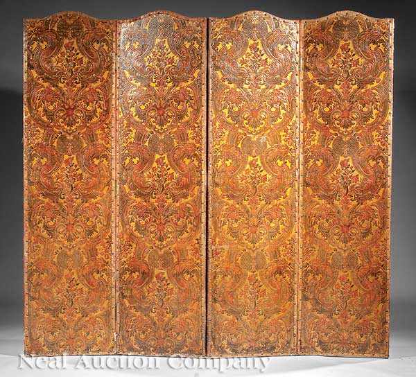 Appraisal: A Continental Painted Leather Damascene Four Panel Screen early th