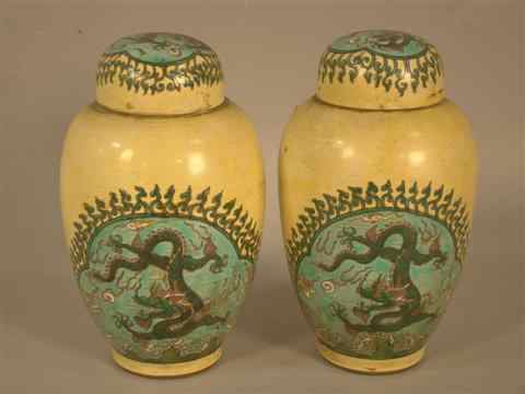 Appraisal: PAIR OF SAMSON YELLOW AND GREEN COVERED VASES iron-red Samson