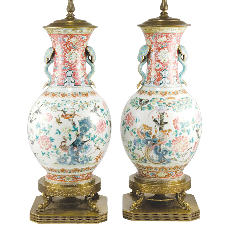 Appraisal: Pair of Gilt-Metal Mounted Chinese Famille Rose Porcelain Vases Each