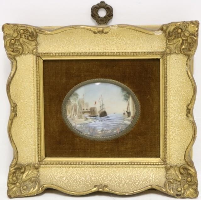 Appraisal: TH C OVAL MINIATURE PAINTING VENETIAN PORTSCENE SIGHT SIZE X