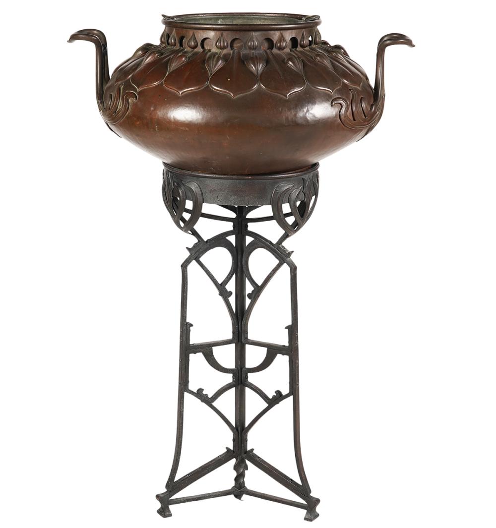 Appraisal: MONUMENTAL COPPER JARDINIERE WITH IRON STANDTransitional arts and crafts jardiniere