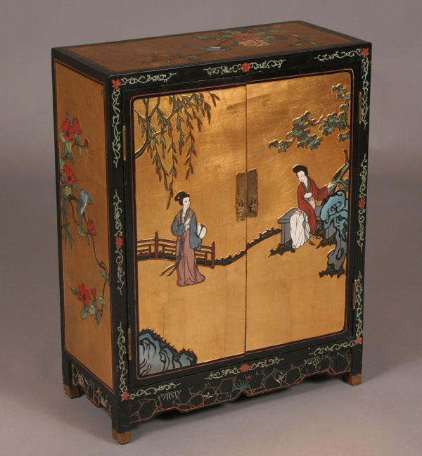 Appraisal: Oriental lacquered cabinet embossed courtesan and bird decoration painted accents