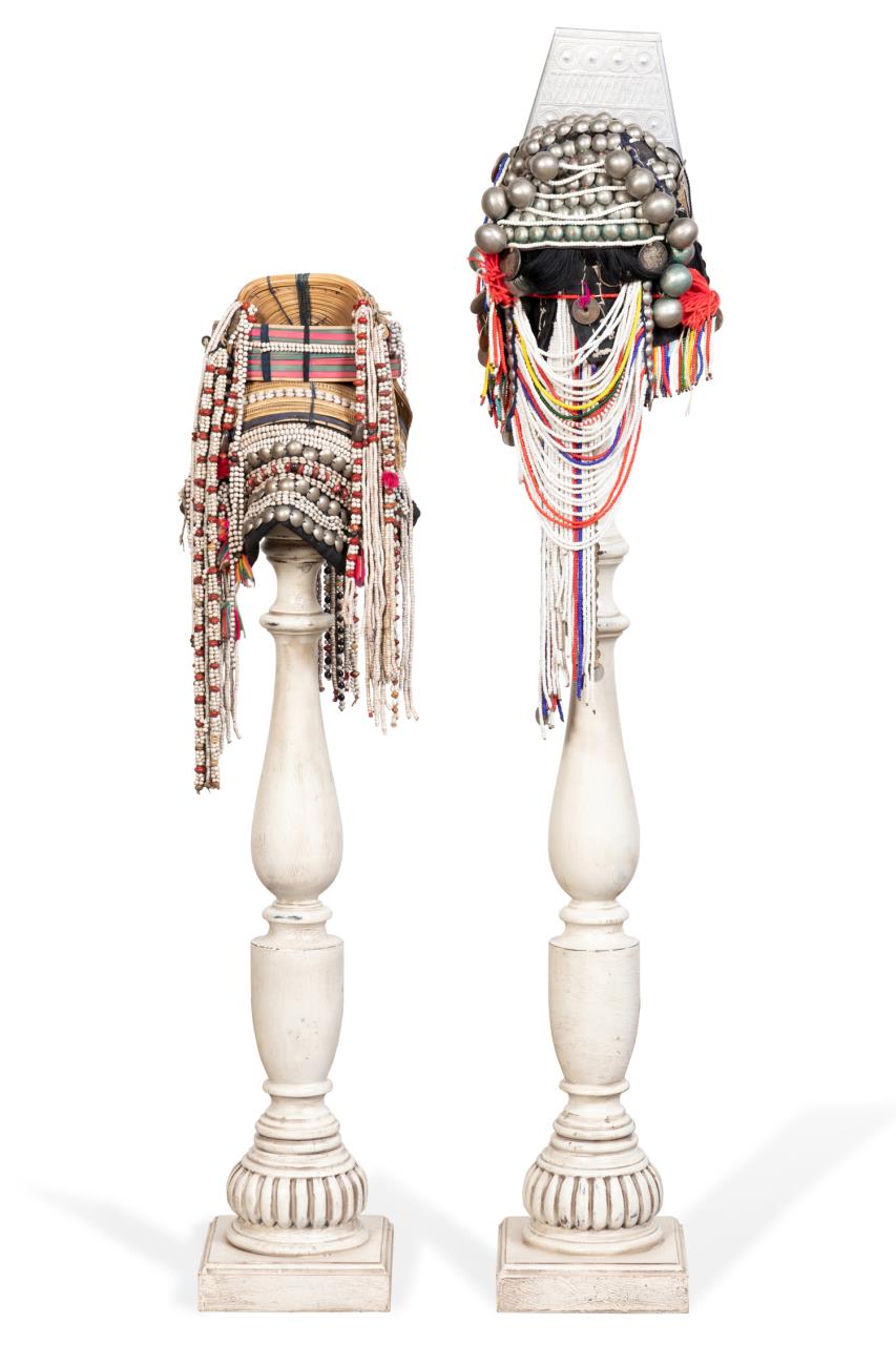 Appraisal: TWO AKHA BEADED HEADDRESSES W STANDS pcs Two Akha beaded