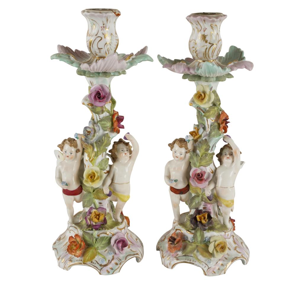 Appraisal: PAIR OF DRESDEN PORCELAIN CANDLESTICKSeach with blue SP Dresden mark