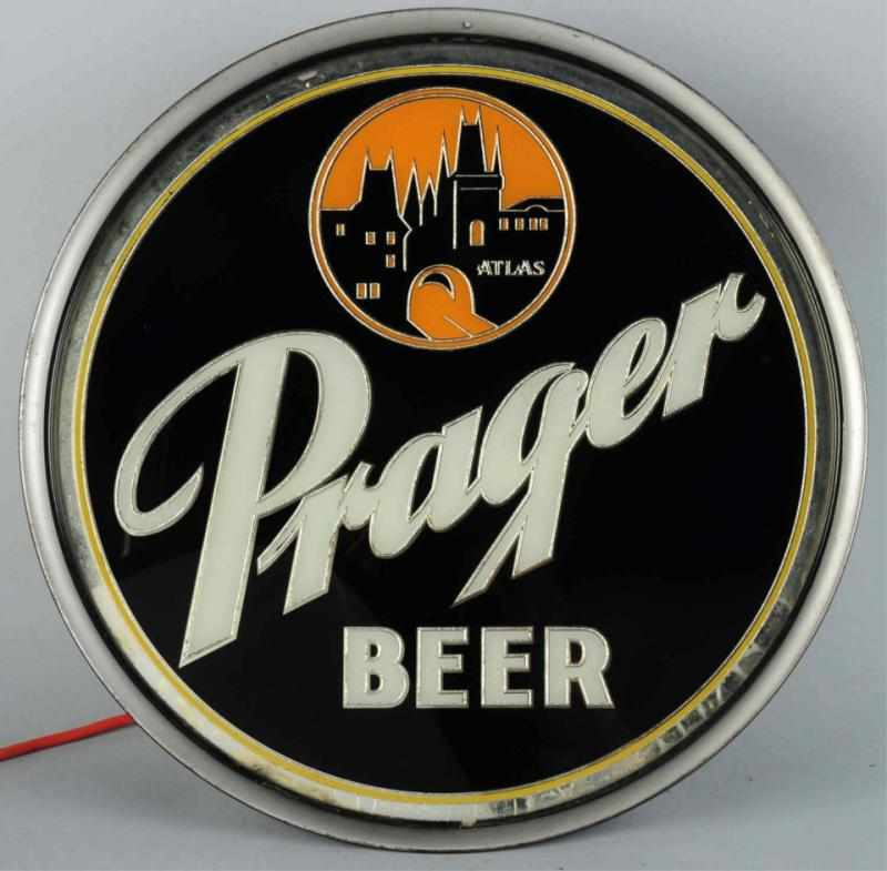 Appraisal: Prager Beer Large Reverse Glass Light-Up Sign Dome metal back