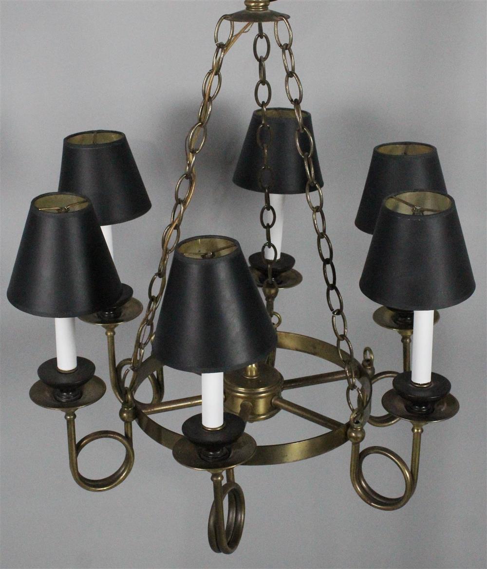 Appraisal: FREDERICK COOPER CHICAGO SIX ARM BRASS CHANDELIER WITH BLACK SHADES