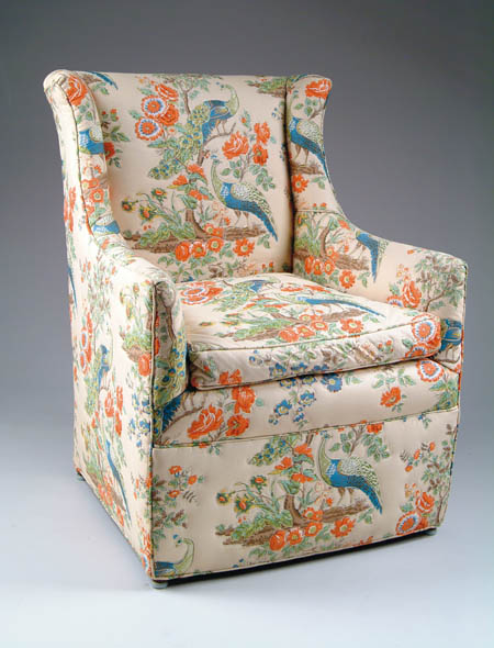 Appraisal: MODERN UPHOLSTERED ARMCHAIR WITH PEACOCK DECORATION Over upholstered chair has