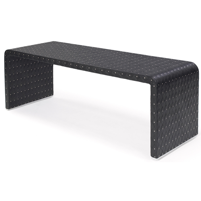 Appraisal: Studded leather bench woven black leather with metal studs metal