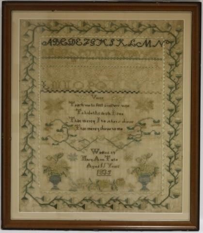 Appraisal: AMERICAN NEEDLEWORK SCHOOLGIRL SAMPLER WROUGHTBY MARY ANN TATE AGE FLORAL